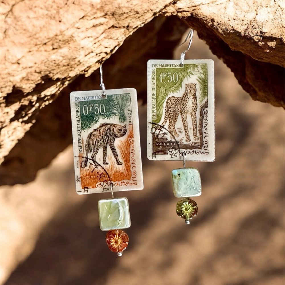1963 vintage original stamps Mauritania upcycled dangle earrings cheetah hyena